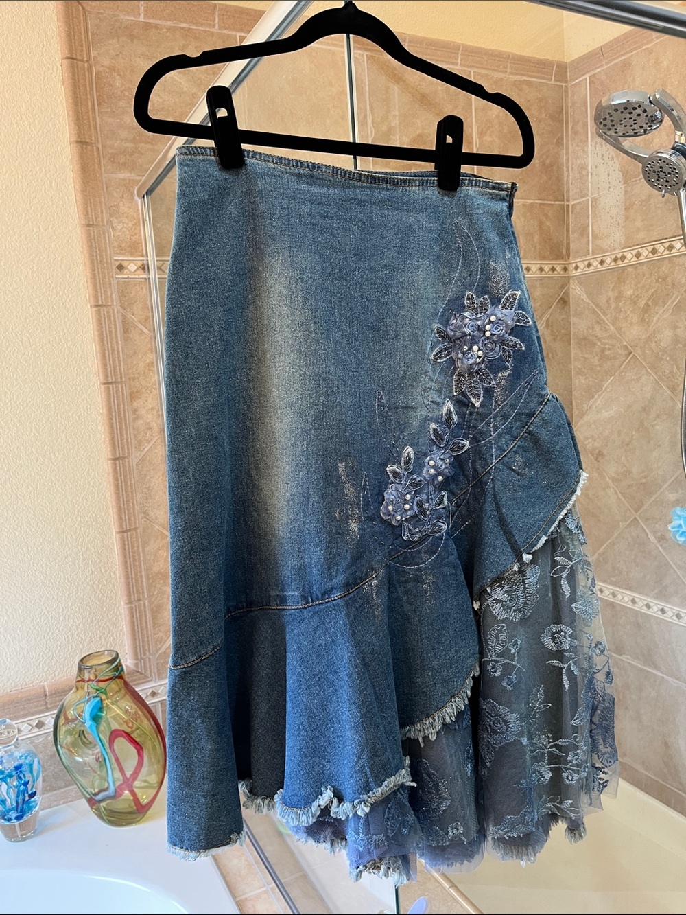 Asymmetrical Denim Midi Skirt with Floral Embroidery - Blue